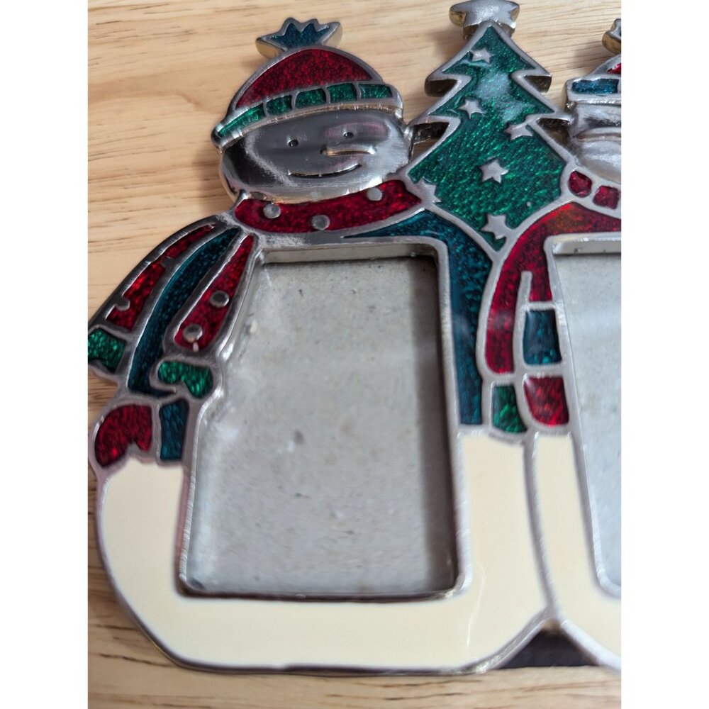 Pewter enamel glitter snowman double frame mini green red stand up decor - Picture 4 of 8